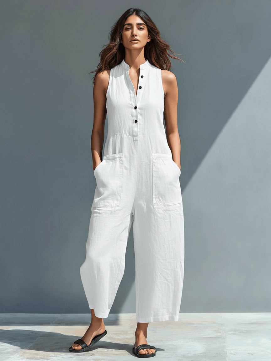 Velira Bottoms Balta / XS Be rankovių lino kombinezonas
