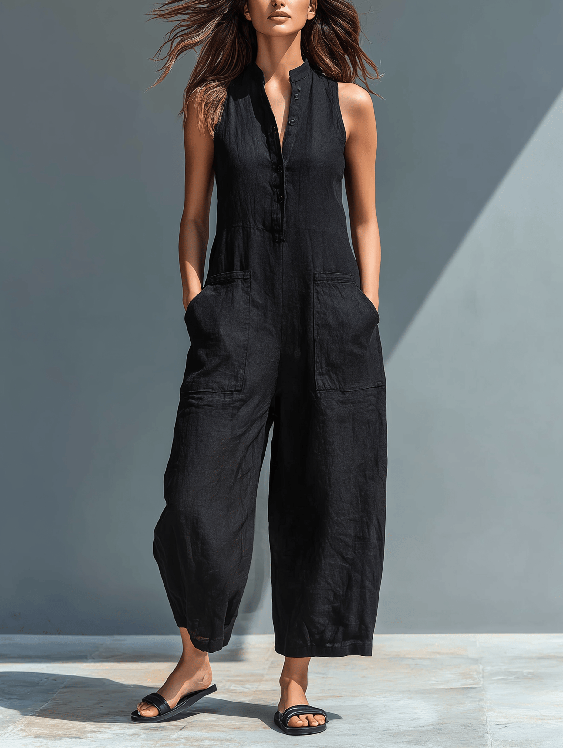 Velira Bottoms Juoda / XS Be rankovių lino kombinezonas