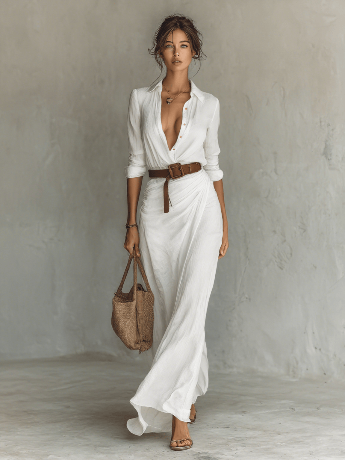 Velira DRESSES Balta / XS Maxi suknelė su apykakle ir ilgomis rankovėmis