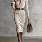 Velira DRESSES Dramblio kaulo balta / XS Midi Megztinis Suknelė V-Kaklu Slim Fit
