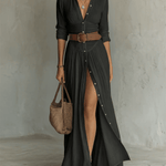 Velira DRESSES Juoda / XS Lino Maxikleid Reverskragen Ilgomis Rankovėmis