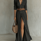 Velira DRESSES Juoda / XS Lino Maxikleid Reverskragen Ilgomis Rankovėmis