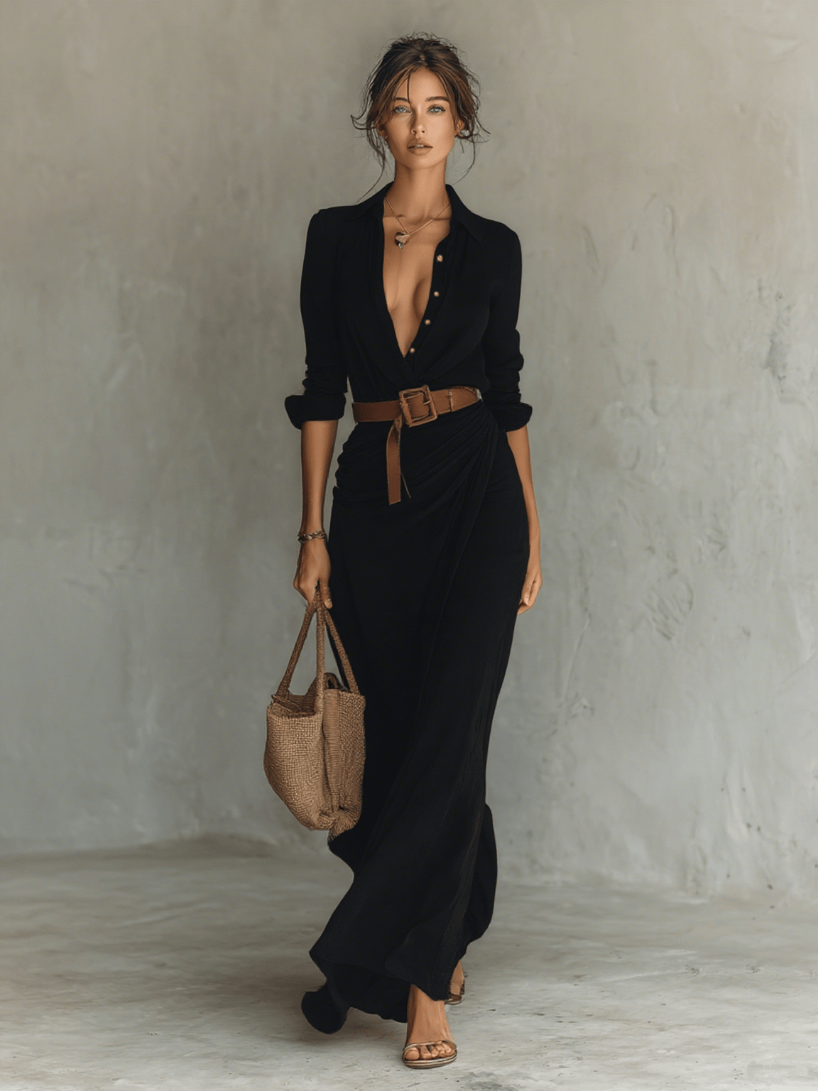 Velira DRESSES Juoda / XS Maxi suknelė su apykakle ir ilgomis rankovėmis