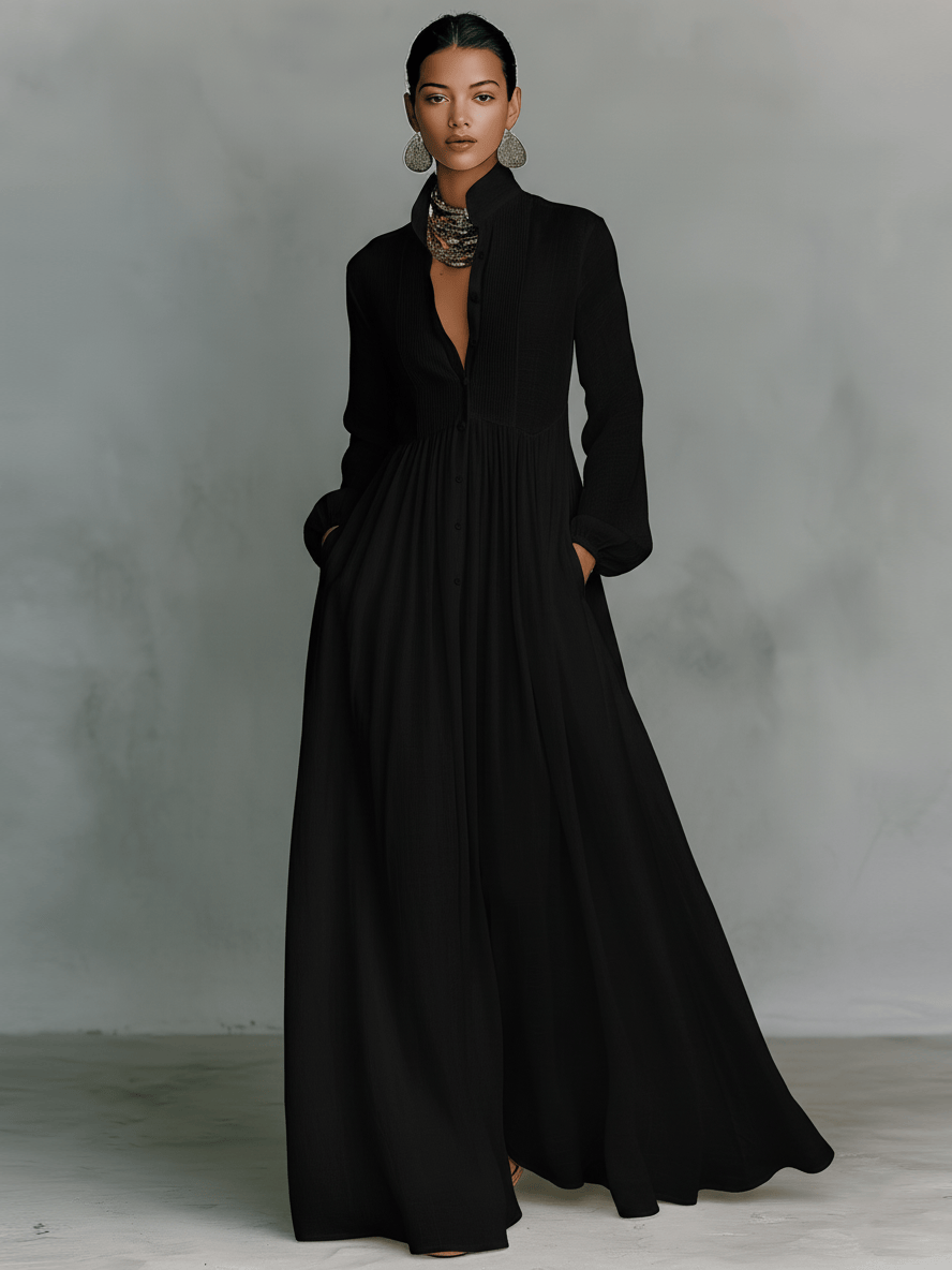 Velira DRESSES Juoda / XS Patchwork Lino Maxi Suknelė Su Stovinčiu Apykakle