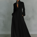 Velira DRESSES Juoda / XS Patchwork Lino Maxi Suknelė Su Stovinčiu Apykakle