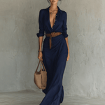 Velira DRESSES Jūrinė mėlyna / XS Maxi suknelė su apykakle ir ilgomis rankovėmis