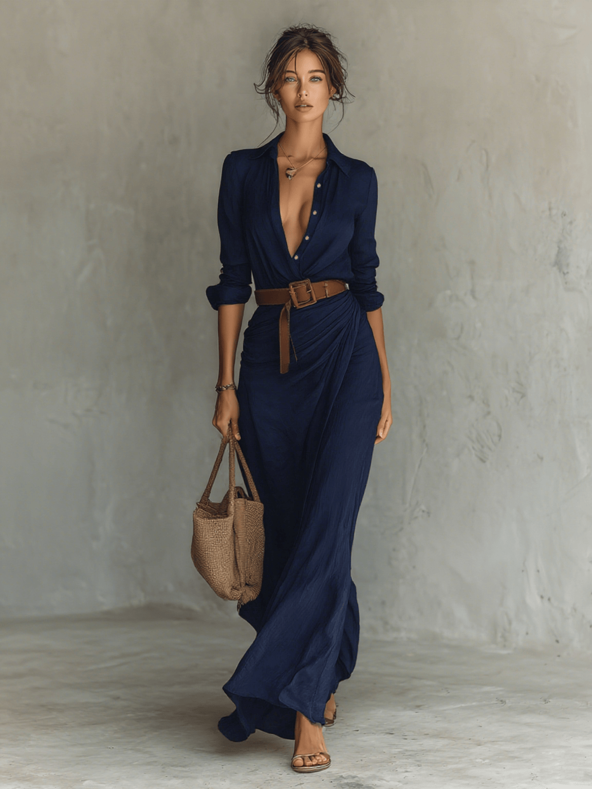 Velira DRESSES Jūrinė mėlyna / XS Maxi suknelė su apykakle ir ilgomis rankovėmis