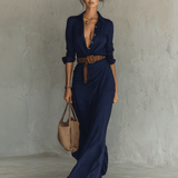 Velira DRESSES Jūrinė mėlyna / XS Maxi suknelė su apykakle ir ilgomis rankovėmis