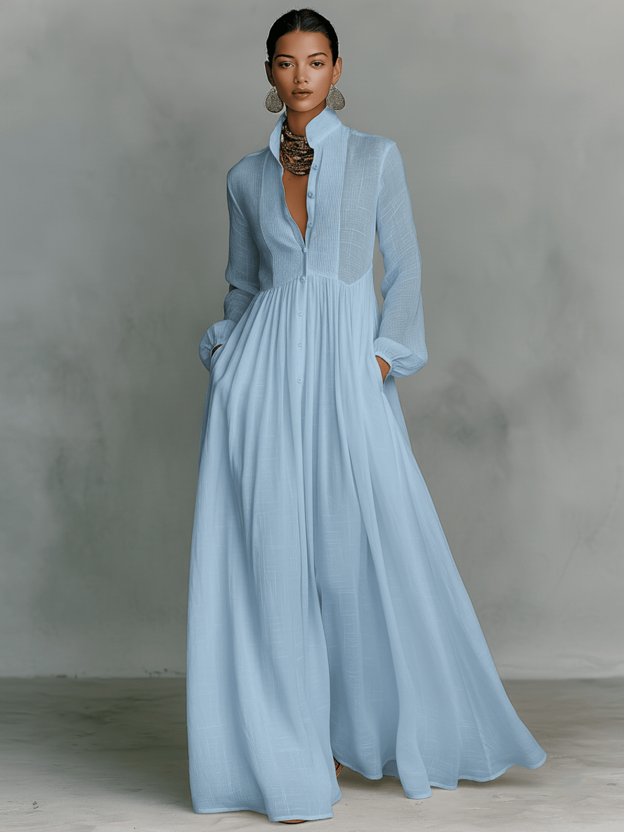 Velira DRESSES Mėlyna / XS Patchwork Lino Maxi Suknelė Su Stovinčiu Apykakle