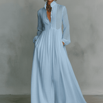 Velira DRESSES Mėlyna / XS Patchwork Lino Maxi Suknelė Su Stovinčiu Apykakle