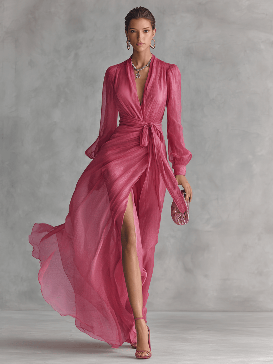 Velira DRESSES Rožinė Chiffon Suknelė V-Kaklu