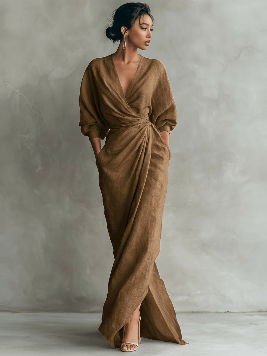 Velira DRESSES Ruda / S Rosa Lino Maxi Suknelė V-Kaklu