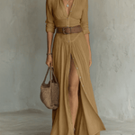 Velira DRESSES Ruda / XS Lino Maxikleid Reverskragen Ilgomis Rankovėmis
