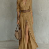 Velira DRESSES Ruda / XS Lino Maxikleid Reverskragen Ilgomis Rankovėmis