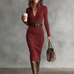 Velira DRESSES Vyno raudona / XS Midi Megztinis Suknelė V-Kaklu Slim Fit