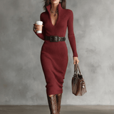 Velira DRESSES Vyno raudona / XS Midi Megztinis Suknelė V-Kaklu Slim Fit