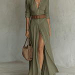 Velira DRESSES Žalia / XS Lino Maxikleid Reverskragen Ilgomis Rankovėmis