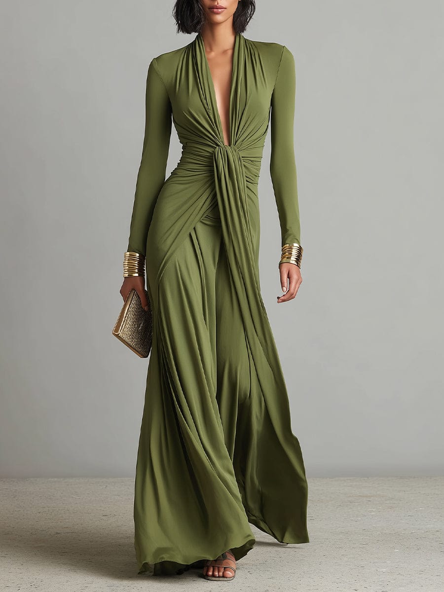 Velira DRESSES Žalia / XS Olivinės spalvos šilko maxi suknelė su V formos iškirpte