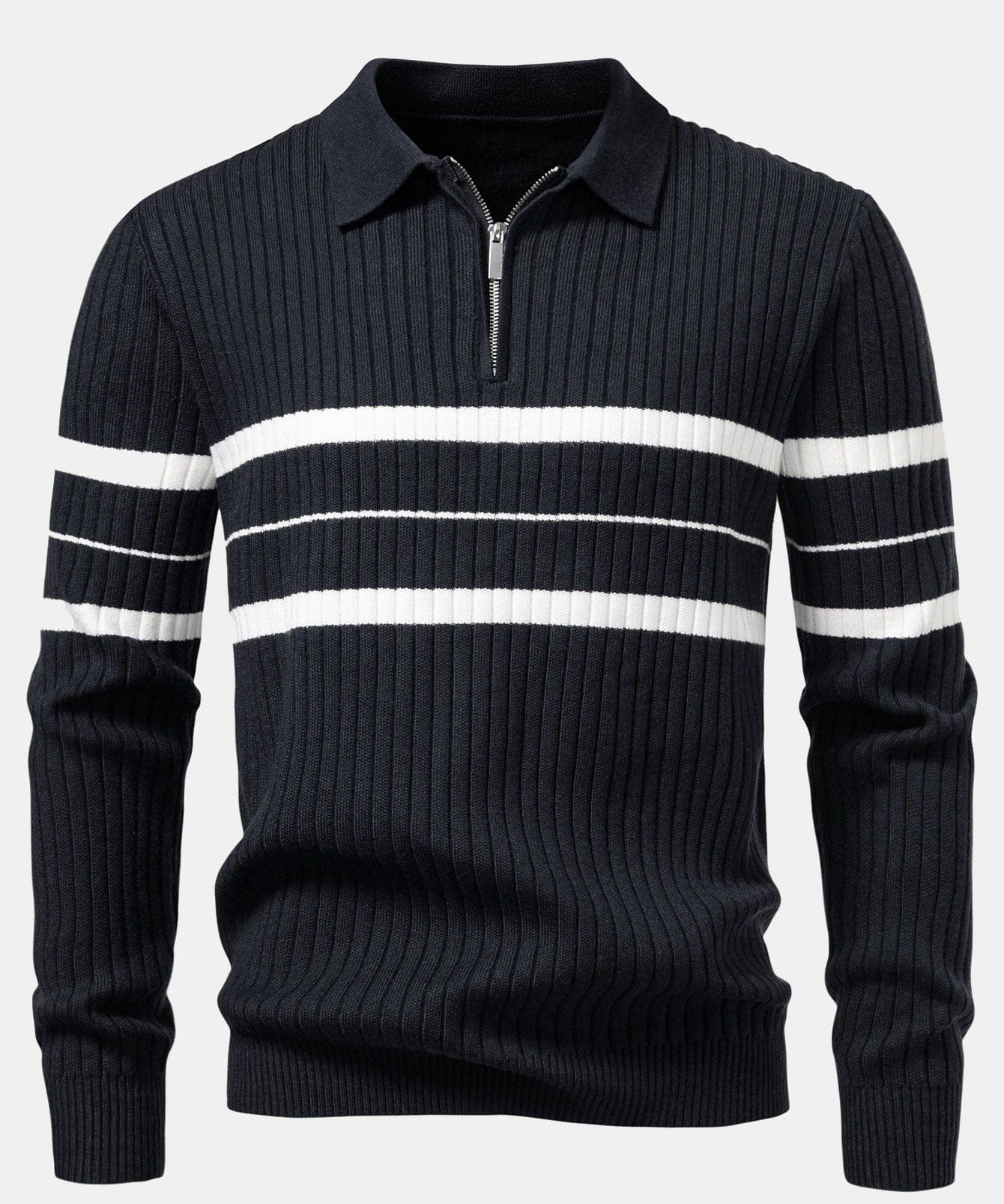 Velira Polo pilka / XS Stripe Zip Knit Ribbed Polo Marškiniai