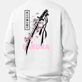 Velira Sweatshirts Balta / XS Sakura Katanos Atspaudų Laisvas Pjūvis Megztinis