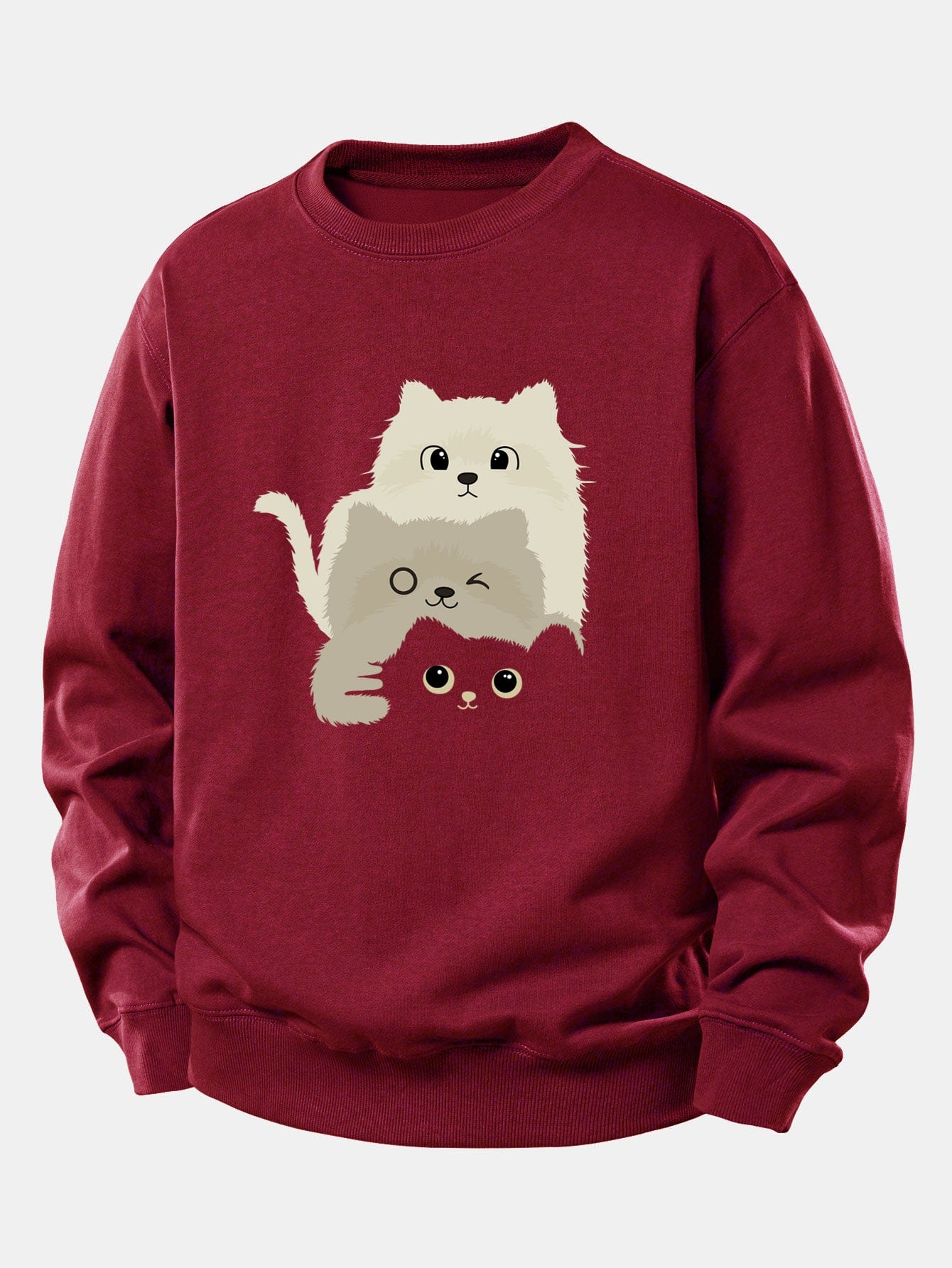 Velira Sweatshirts Bordo / XS Trys Katės Spauda Laisvo Pjūvio Džemperis