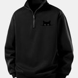 Velira Sweatshirts Juoda / XS Atsipalaidavęs Juodas Katės Spaudos Ketvirčio Užtrauktukas Megztinis