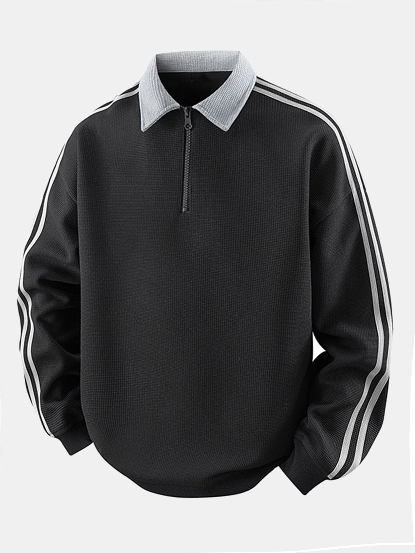 Velira Sweatshirts Juoda / XS Juostuotas Vaflinis Užtrauktuko Polo Kaklo Megztinis