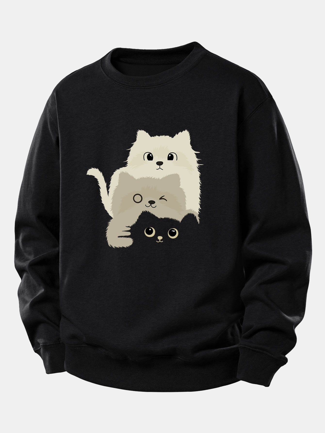 Velira Sweatshirts Juoda / XS Trys Katės Spauda Laisvo Pjūvio Džemperis