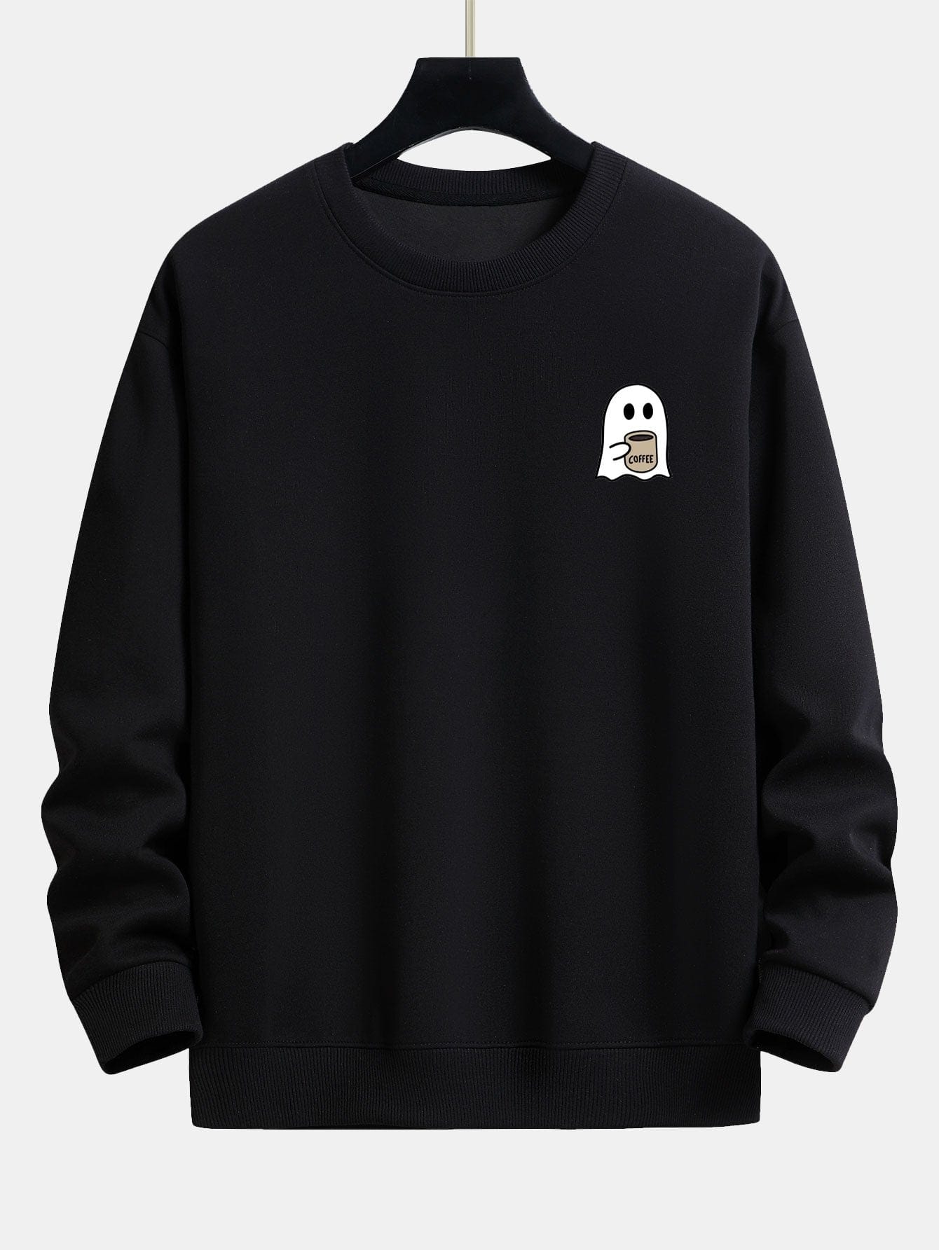 Velira Sweatshirts juoda / XS Vaiduoklis, geriantis kavą, spauda, laisvas kirpimas, džemperis