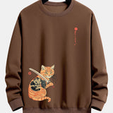 Velira Sweatshirts kavos / S Samurajų Karo Katės Spauda Laisvo Pjūvio Džemperis