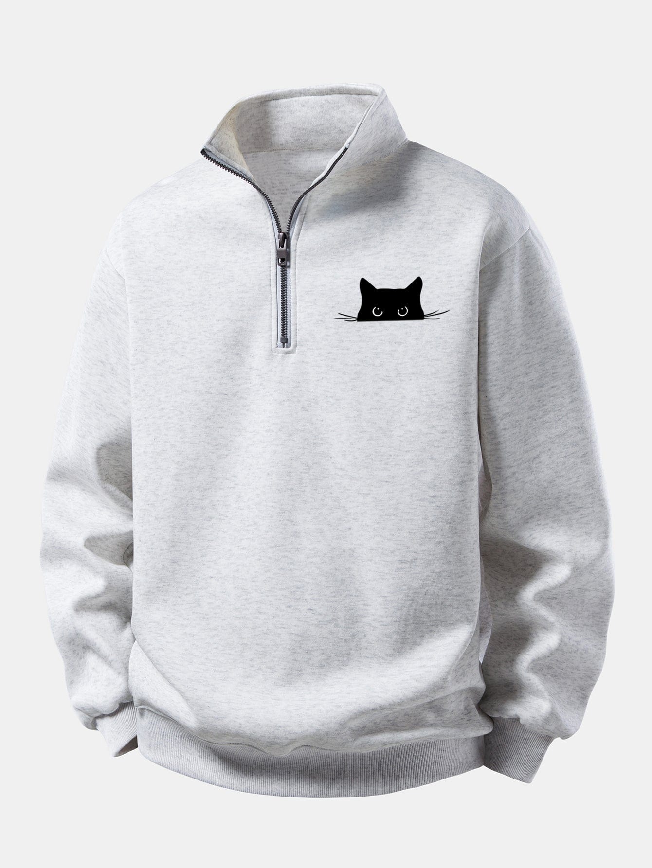 Velira Sweatshirts Sidabrinė / XS Atsipalaidavęs Juodas Katės Spaudos Ketvirčio Užtrauktukas Megztinis