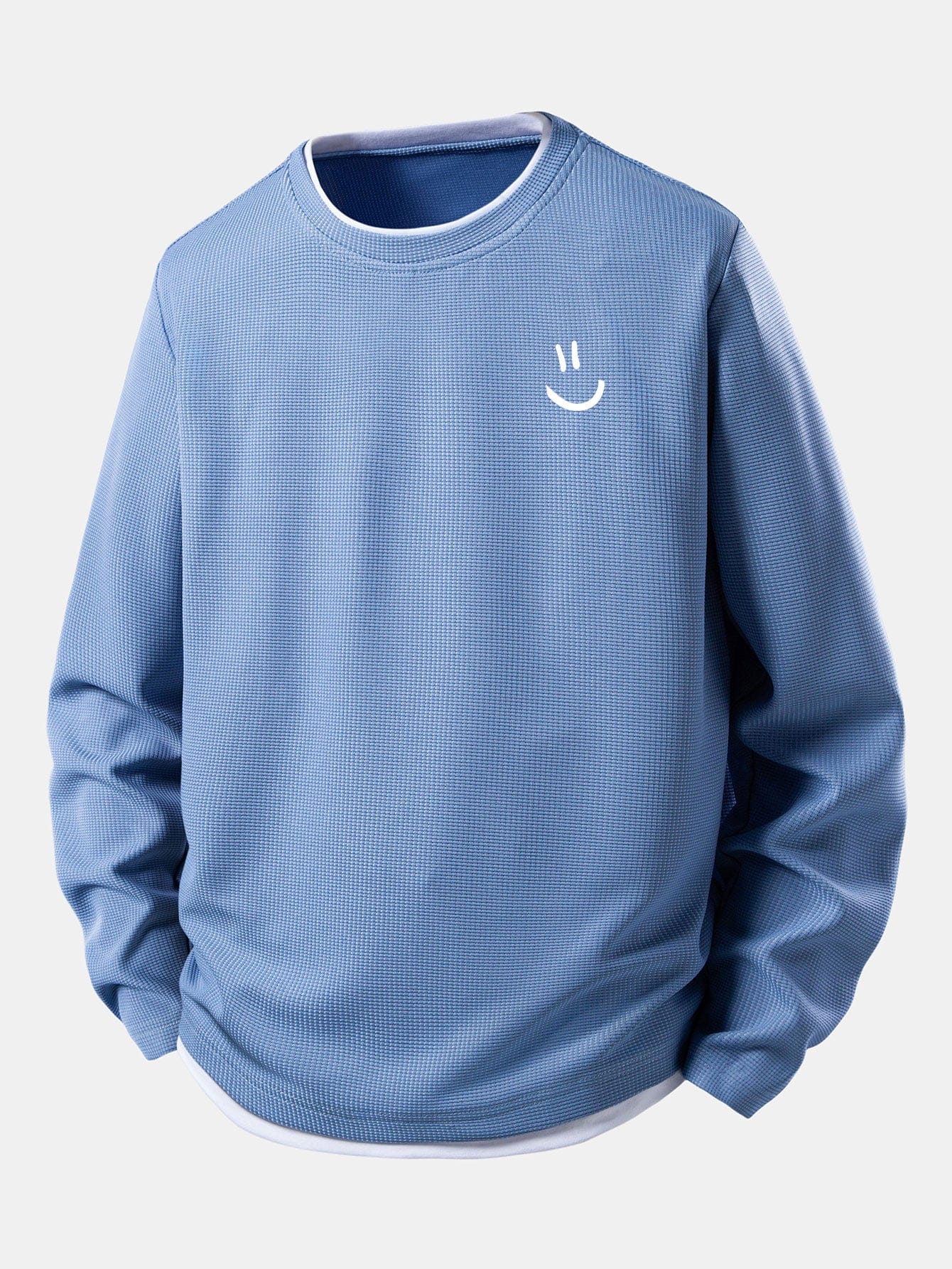 Velira Sweatshirts Šviesiai mėlyna / S Šypsenėlių veido spauda 2 in 1 ilgomis rankovėmis vaflinis marškinėliai