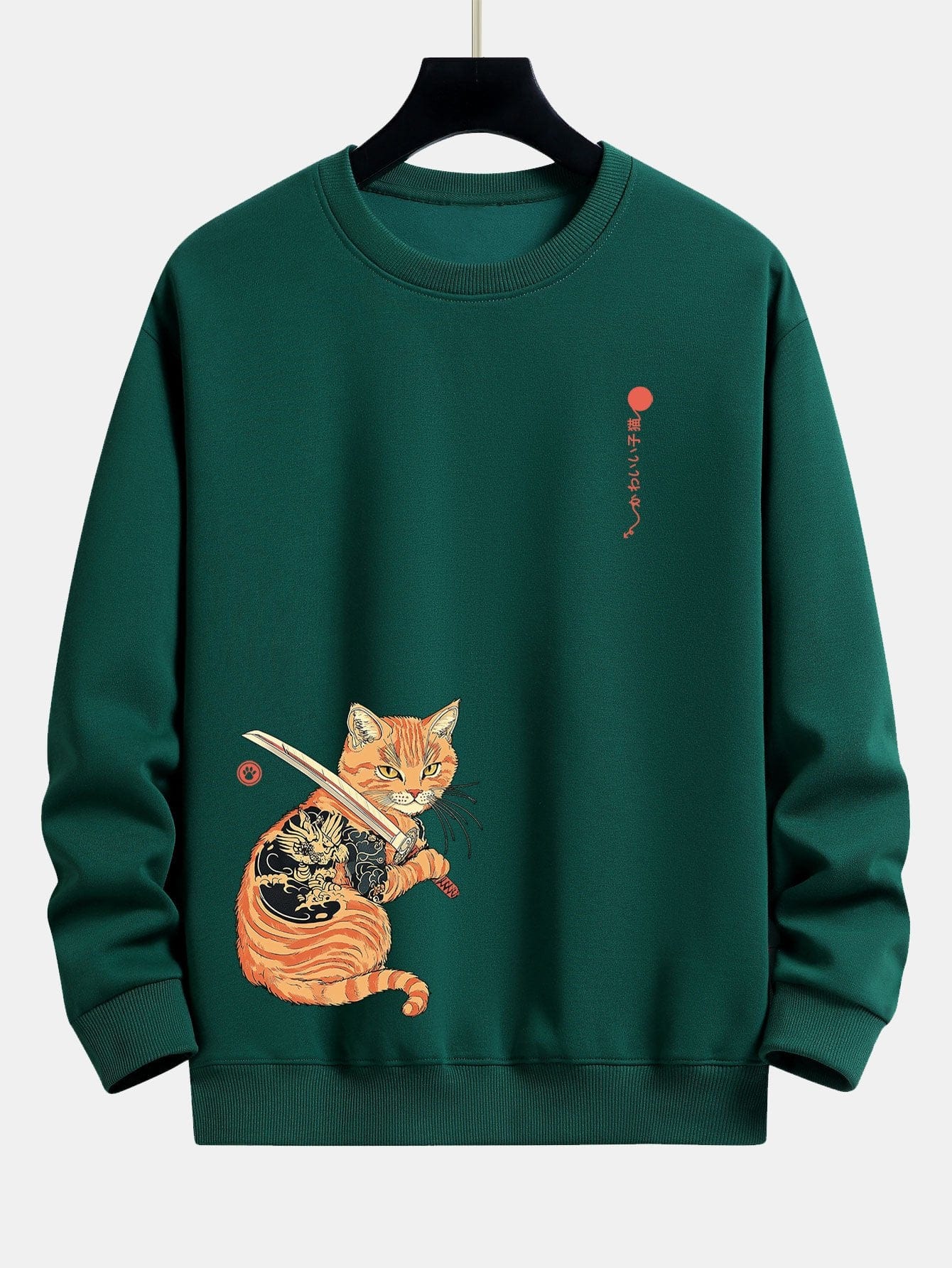 Velira Sweatshirts tamsiai žalia / S Samurajų Karo Katės Spauda Laisvo Pjūvio Džemperis