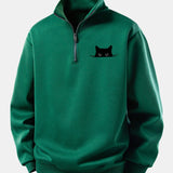 Velira Sweatshirts Tamsiai žalia / XS Atsipalaidavęs Juodas Katės Spaudos Ketvirčio Užtrauktukas Megztinis