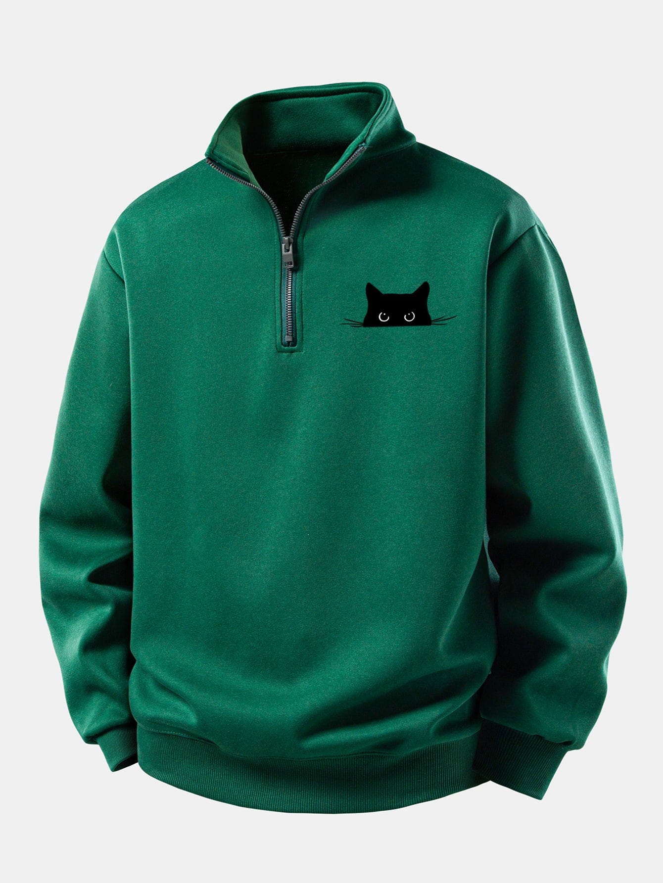 Velira Sweatshirts Tamsiai žalia / XS Atsipalaidavęs Juodas Katės Spaudos Ketvirčio Užtrauktukas Megztinis