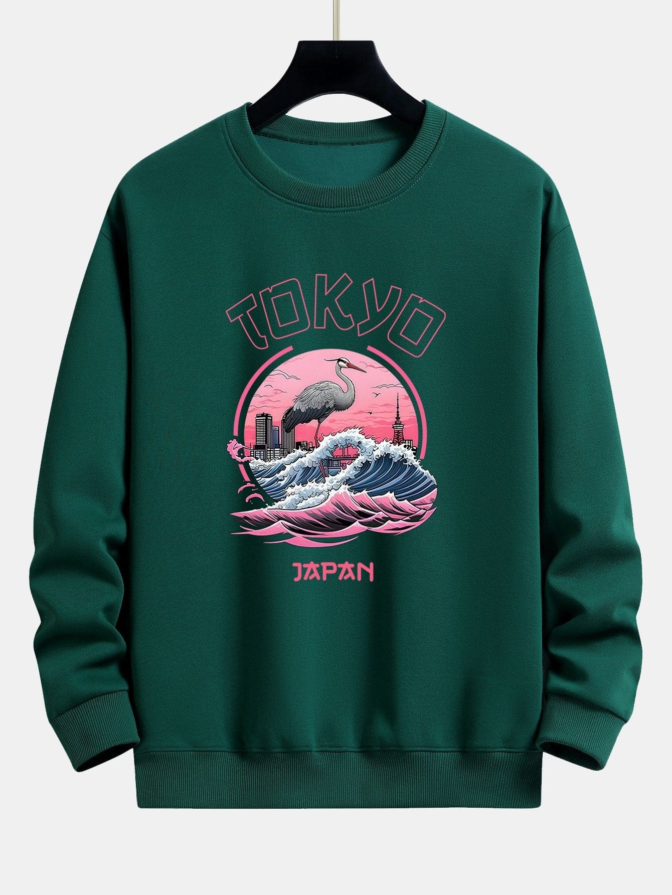 Velira Sweatshirts tamsiai žalia / XS Tokijo Banga Gervė Paukštis Spauda Laisvas Fit Megztinis