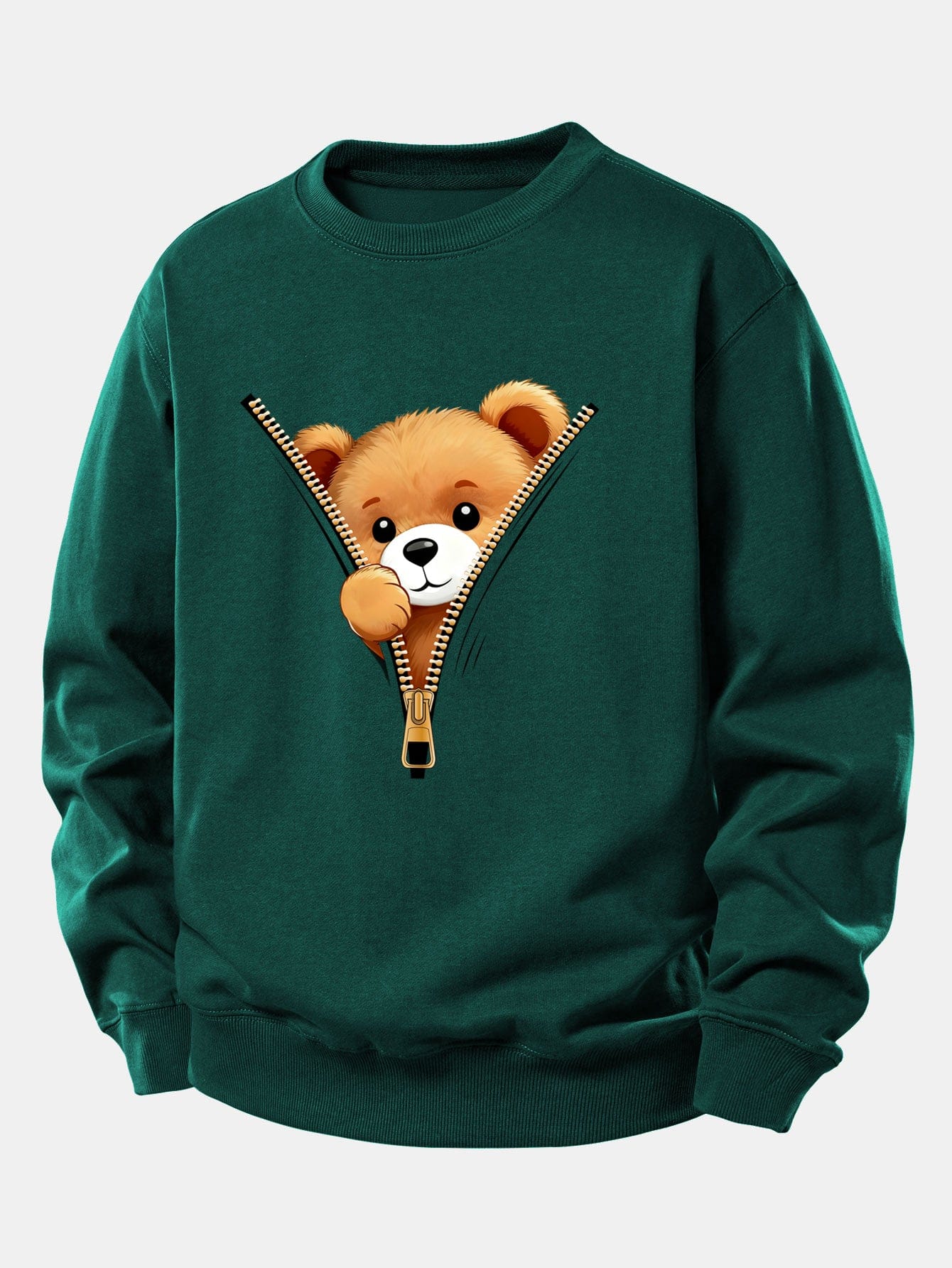 Velira Sweatshirts Tamsiai žalia / XS Užtrauktuko meškiuko spauda laisvo kirpimo džemperis