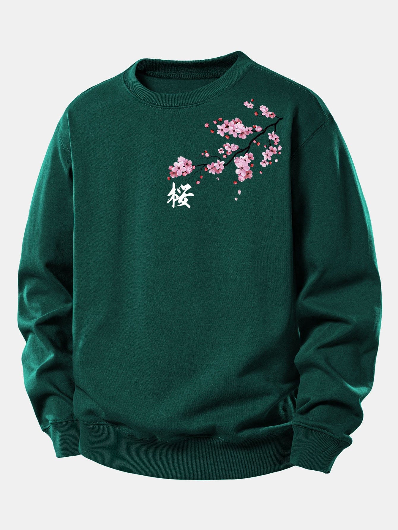 Velira Sweatshirts Tamsiai žalia / XS Vyšnių žiedų print Relax Fit džemperis